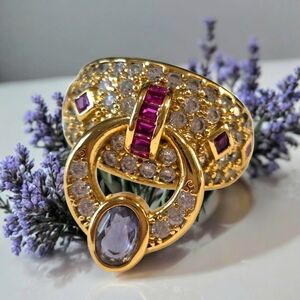 18k Gold Plated Pave Zircon Crystal Amethyst Ruby Doorknocker Ring